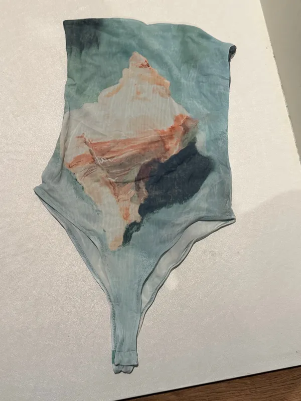ZARA Sheer Mesh abstract seashell Bodysuit light blue strapless small - Image 2