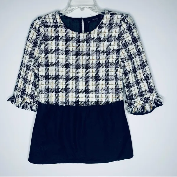 Zara Tweed Houndstooth Peplum Top Fringe Trim Contrast Blouse XS EUC - Image 3