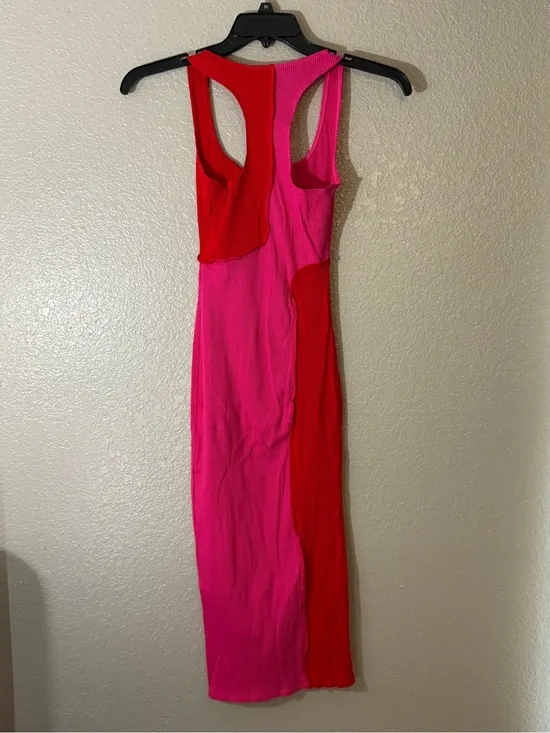 NWOT Sexy Naked Wardrobe Pink Red Colorblock Ribbed Bodycon Midi Dress L - Image 5