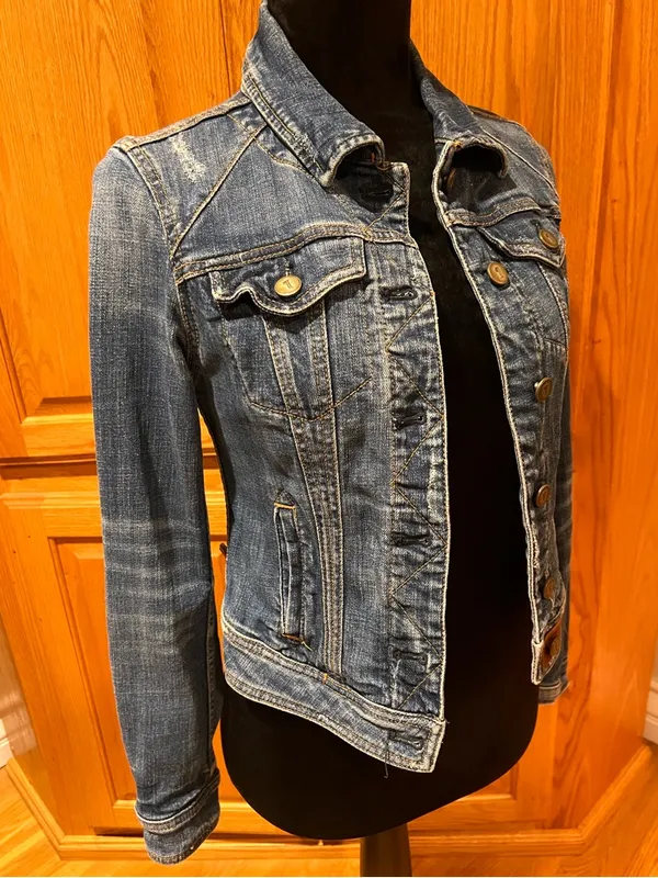 Anthropologie Pilcro‎ AVIE Classic Denim Trucker Jacket Leather Detail Size XS - Image 5
