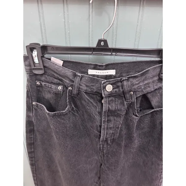 PacSun Washed Black High‎ Rise Distressed Dad Jeans Size 26 Ripped Knee Raw Hem - Image 4