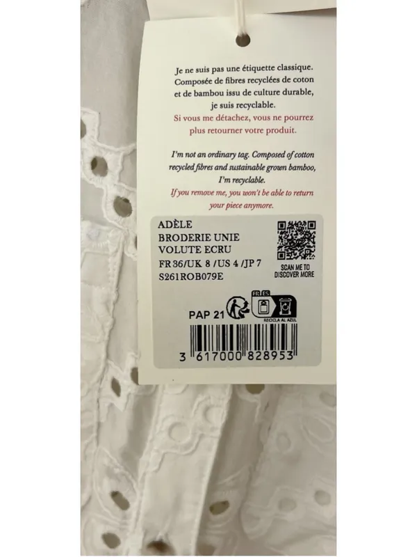 Sezane Adele Short Sleeve Embroidered Midi Dress Eyelet Collar Ecru FR 36 US 4 - Image 11