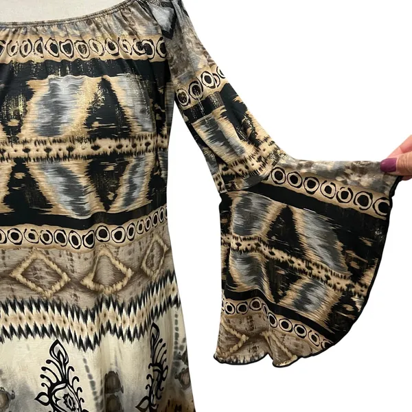 Parker Mini‎ Dress XS Black Gray Tan Gold Abstract Stretch Bell Sleeve Boho Chic - Image 5