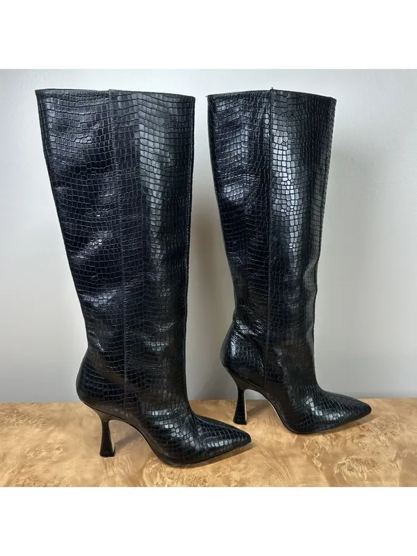 Stuart Weitzman Parton Black Croc Embossed Leather Knee High Boots Heels Size 5 - Image 4