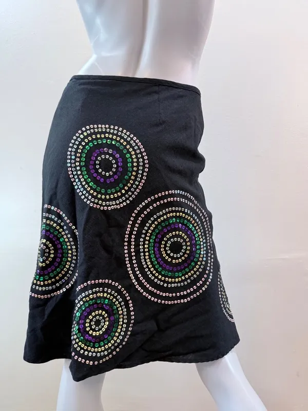 Y2K Sequin Embellished Medallion Linen A Line Shiny Tradwife Skirt SZ 4 US - Image 5