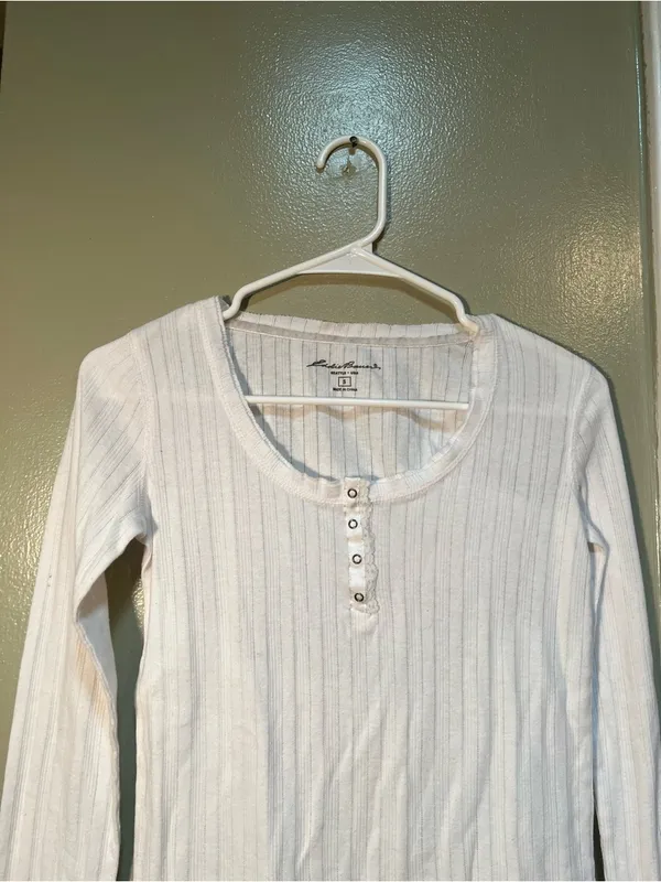 Eddie Bauer Women's Size Small Scoop Neck Henley Top White Lace Ribbed Cotton - Image 2