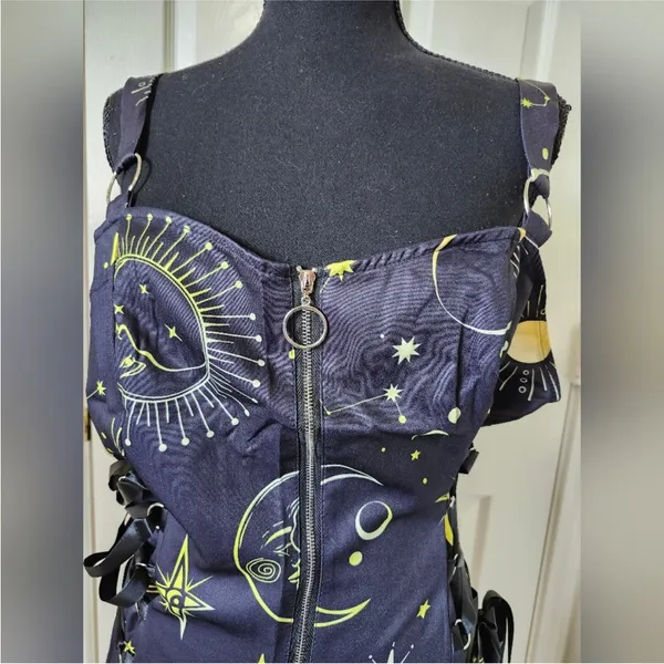 Black Celestial Print Dress Star Moon Lace Up Zipper XL - Image 7