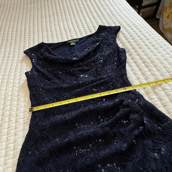 Lauren Ralph Lauren Blue Sequin Lace Ruched Sheath Cocktail Dress Sz 4 - Image 5