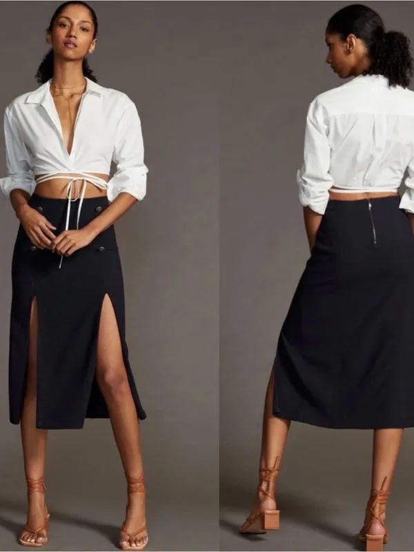 Maeve Anthropologie Black Dual Split Button Front Sailor Midi Skirt Size 8 - Image 10