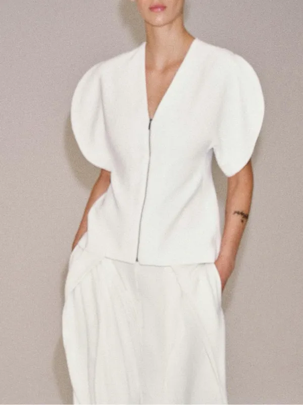 Zara NWT White Structured Zip-Front Top with Split puff Sleeves - Image 2