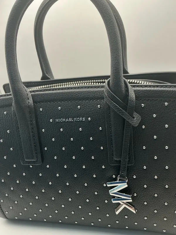 Michael Kors Tamaro Small Studded Satchel Black Silver Studs MK Charm - Image 7