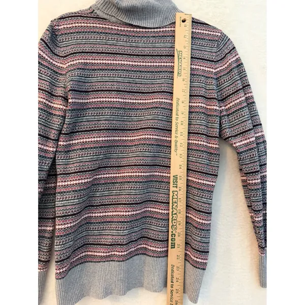LL Bean Turtleneck Sweater Womens Medium Cotton Cashmere Fair Isle Stripe Grey - Image 7