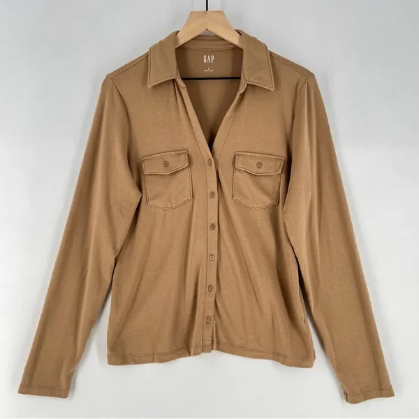Gap Super Soft Modal Blend Modern Button Front Utility‎ Shirt Long Sleeve Tan - Image 2