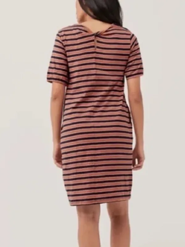 Pact Avery T-Shirt Dress Orange Harvest Navy Blue Stripe Organic Cotton - Image 4