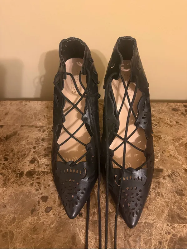 Charlotte Russe Black Laser-Cut Lace-Up Pointed Flats - Image 2