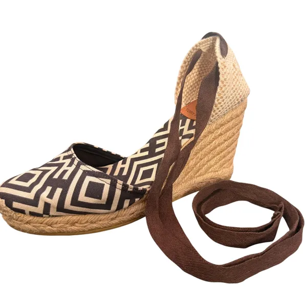 Tory Burch Wedge Espadrille Lace‎ Up Ankle Strap 38 Geometric Canvas Resortwear - Image 3