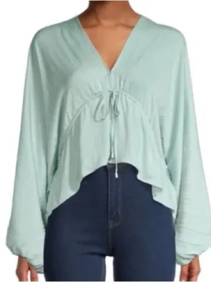 FREE PEOPLE Light Sage Draped V-Neck Top Size Large (Oversized) - Image 3
