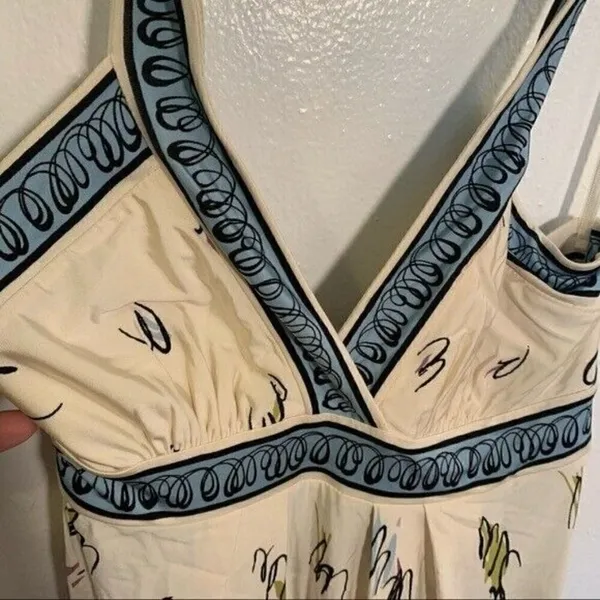 BCBGMAXAZRIA Women's Size XS Halter Sun Dress‎ Cream Blue Floral Surplice Neck - Image 7