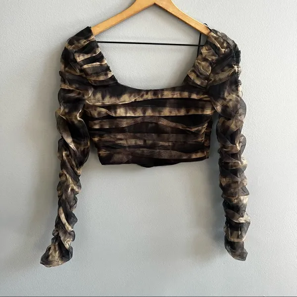 Zara CORSETRY TULLE CROP TOP Black Tan Long Sleeve Mesh Cropped Top Small NWT - Image 7