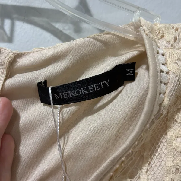 MEROKEETY Beige Nude Lace‎ Floral Maxi Dress Sz M Sheer Boho Romantic Fairy NWT - Image 6
