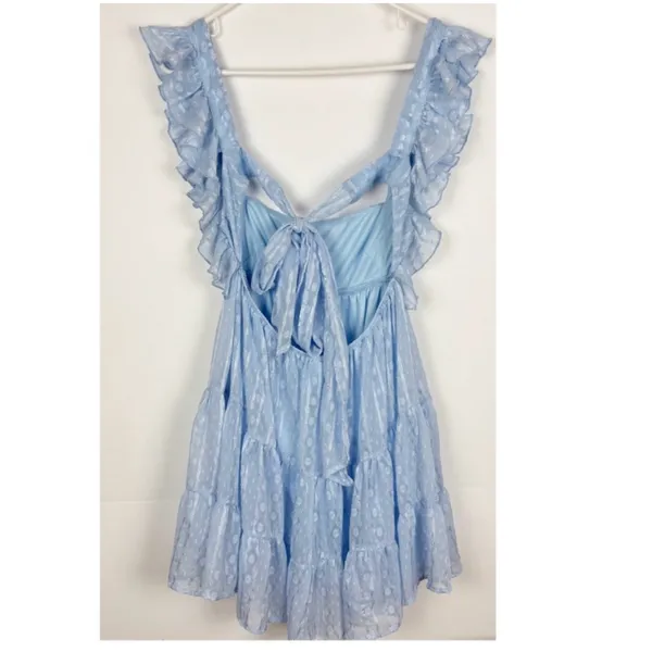 Lucy in The Sky Dress Size Medium Baby Blue Tiered Ruffle Open Tie Back Mini - Image 2