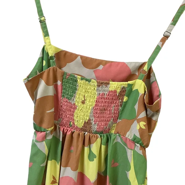 Floral Tiered Maxi Dress Pink‎ Yellow Green Smocked Back Pockets Sleeveless - Image 8