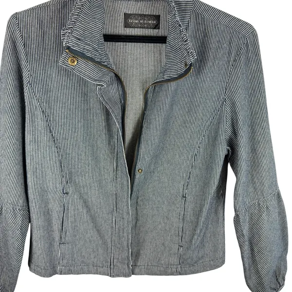 Live A Little Blue White Pinstriped Full Zip‎ Collared Jacket Pockets Size S - Image 4