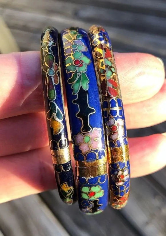 Vintage cloisonné blue hinged bangle bracelet - Image 12