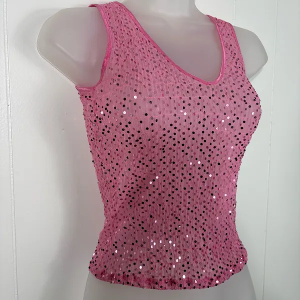 Vintage Y2K The Limited Pink Sequin Sheer Smocked Mesh Fitted Tank Top Clubbing - Image 3