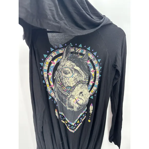 Lauren Moshi Beverly Hills Black Horse Boho Button‎ Front Hoodie Shirt Small - Image 3