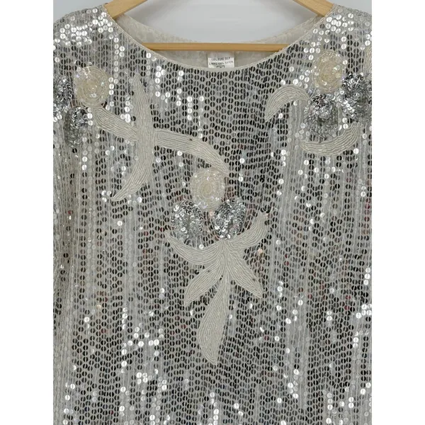 Vintage Elegance by Anujan 100% Silk Sequin Top Small Beaded White‎ Silver Party - Image 3