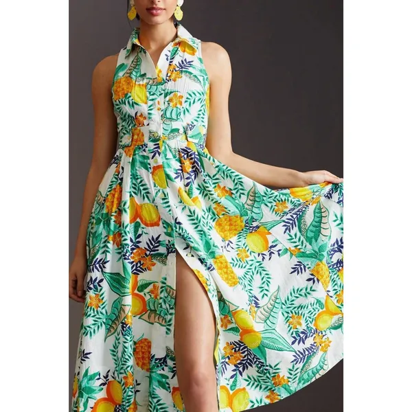 Anthropologie Maeve Maxi Shirt Dress Pineapple Tropical Women's Size M / $278 - Image 2