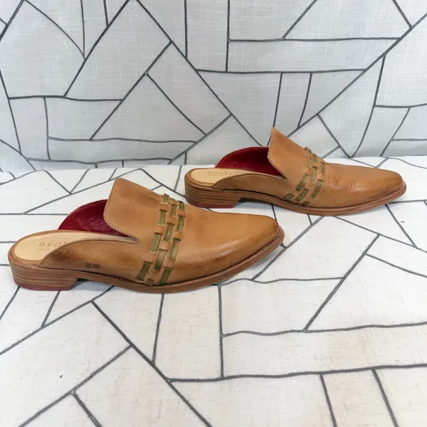 Bed Stu Mules 38 Tan Woven Leather Pointed Toe‎ Slides Low Heel - Image 2