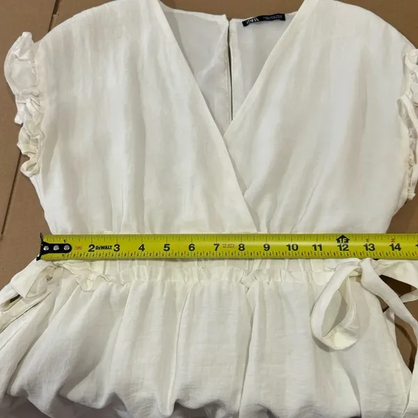 🍁 Zara Ruffle V-neck Mini Dress‎ Cinched Waist Ties White Small - Image 12