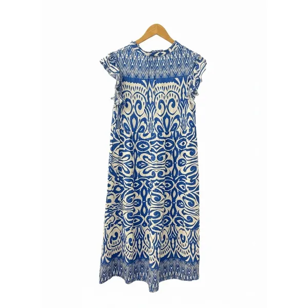 Umgee USA Blue‎ White Ikat Damask Ruffle Sleeve Midi Babydoll Dress Large B8620 - Image 4