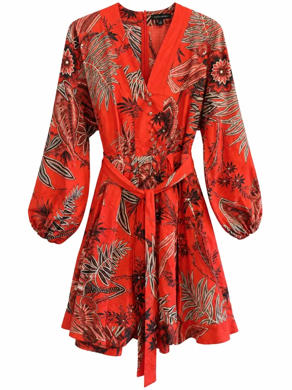 Banana Republic Mini Dress Womens S Red Excellent Tropical Balloon Sleeve Belted - Image 2