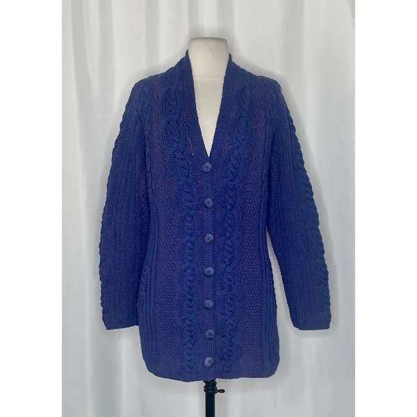 ARANCRAFTS Aran Crafts Merino Wool Purple Blue Cardigan Sweater Ireland Small - Image 2