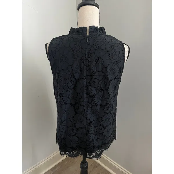 Ann Taylor Black Floral Lace Blouse Medium Ruffle Neck Office Chic Preppy Goth Coquette - Image 4