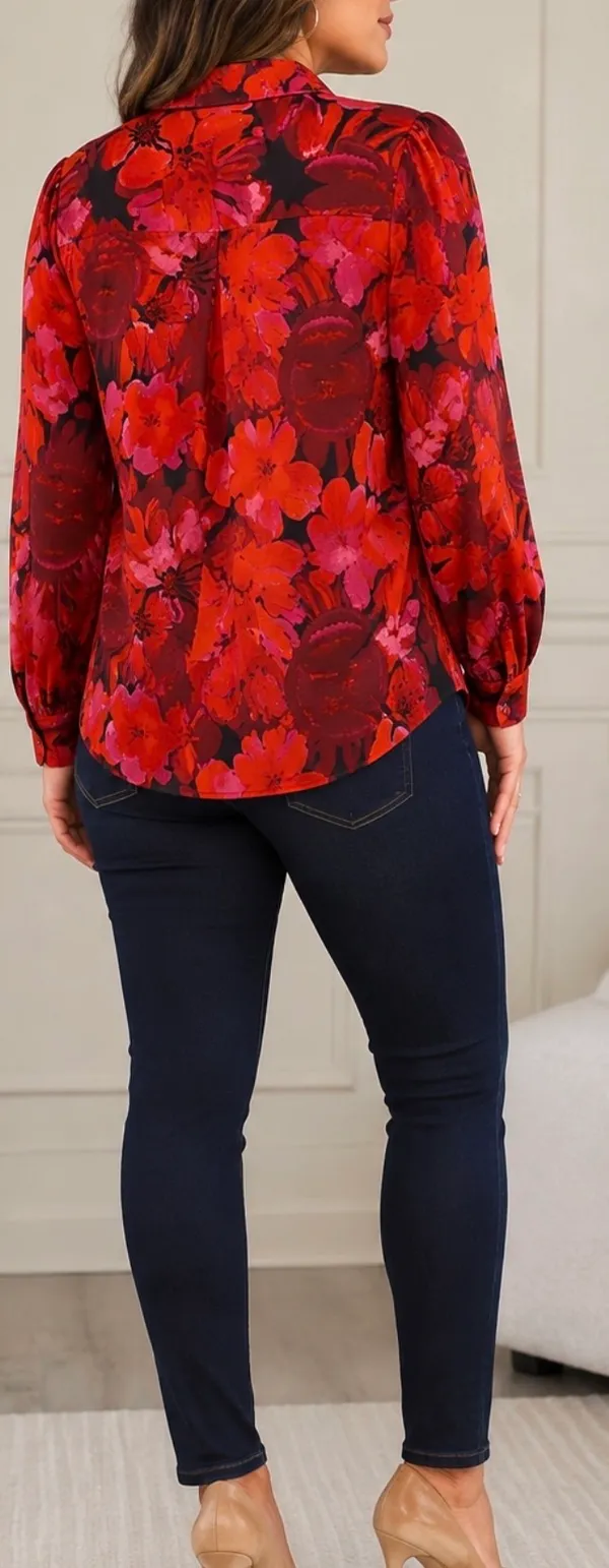 BTFBM~ Red & Pink Floral Button-Up Blouse ~ONLY~None Stretch. L - Image 3