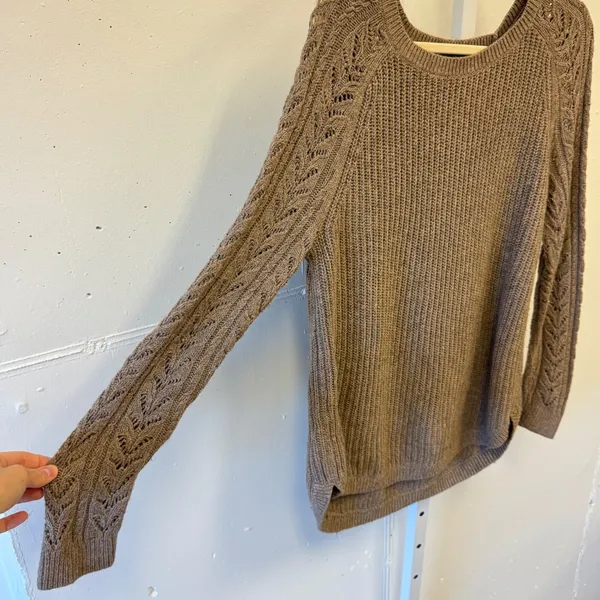 LOFT Ann Taylor Brown Cotton Camel Hair Blend Pointelle Raglan Sweater Women's M - Image 4