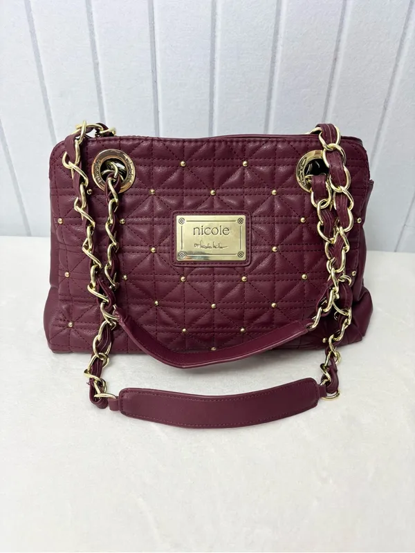 Nicole Miller Quilted Shoulder Bag‎ in Burgundy with Gold Hardware - Image 4