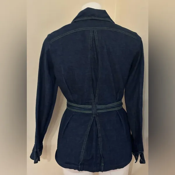 No Tag Denim Tie Blue Jean Jacket With Yellow Thread Collar Button Down Sz 9/10. - Image 8