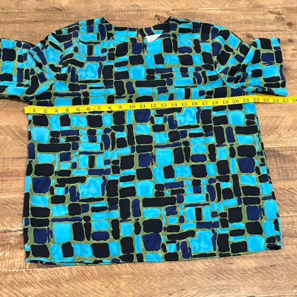 Vintage Kathy Che Geometric Print Top Blue Size L - Image 5