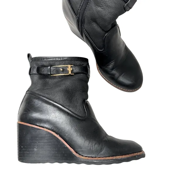 Tory Burch Black Leather Sherpa Lined Ankle Wedge Boots Booties Womens 8 Fall - Image 2