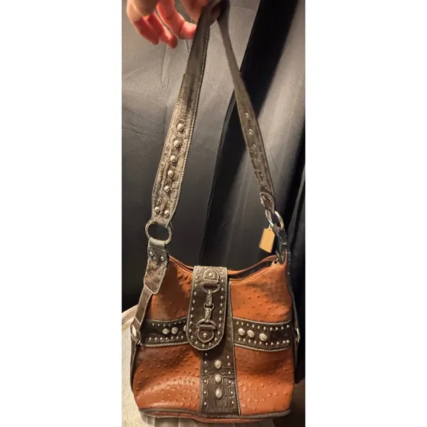 Western Ostrich Croc Embossed Studded Hobo Shoulder Bag Cognac Brown Horsebit‎ - Image 4