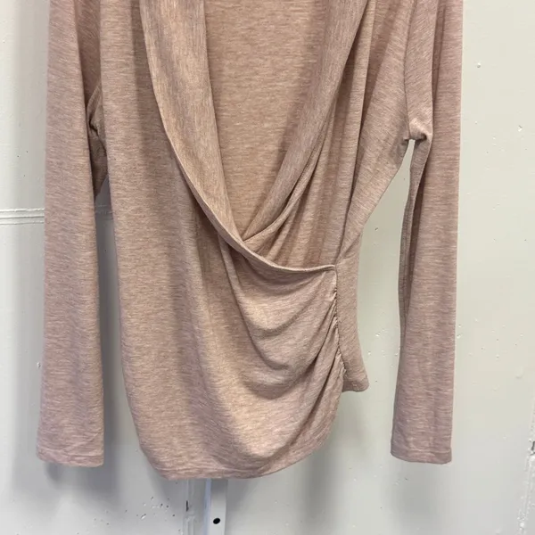 Ann Taylor Nude Pink Heathered Draped Shawl Neck Faux Wrap Top Sweater Large - Image 4