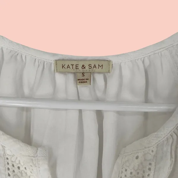 KATE & SAM Tiered Mini Dress Women‎ Size S White Eyelet Ruffle Lace Boho Summer - Image 3