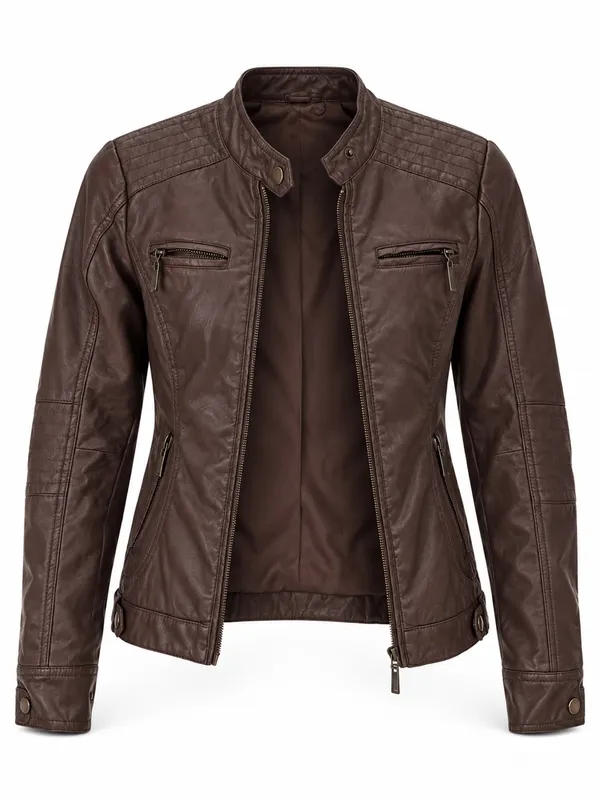 Jou Jou Brown Faux Leather Moto Jacket Zip Pockets Size XS - Image 2