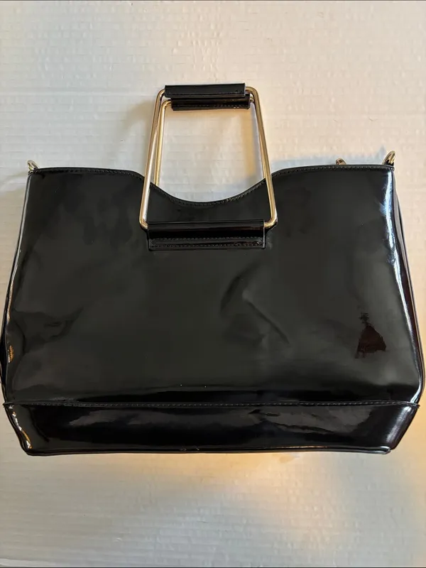 Black Patent Leather Shoulder Bag Has Gold Toned Handles Too!Very Good Condition - Image 3