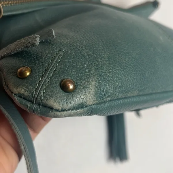 Lucky Brand Teal Leather Foldover Crossbody Hobo Bag Boho Fringe Distressed - Image 6